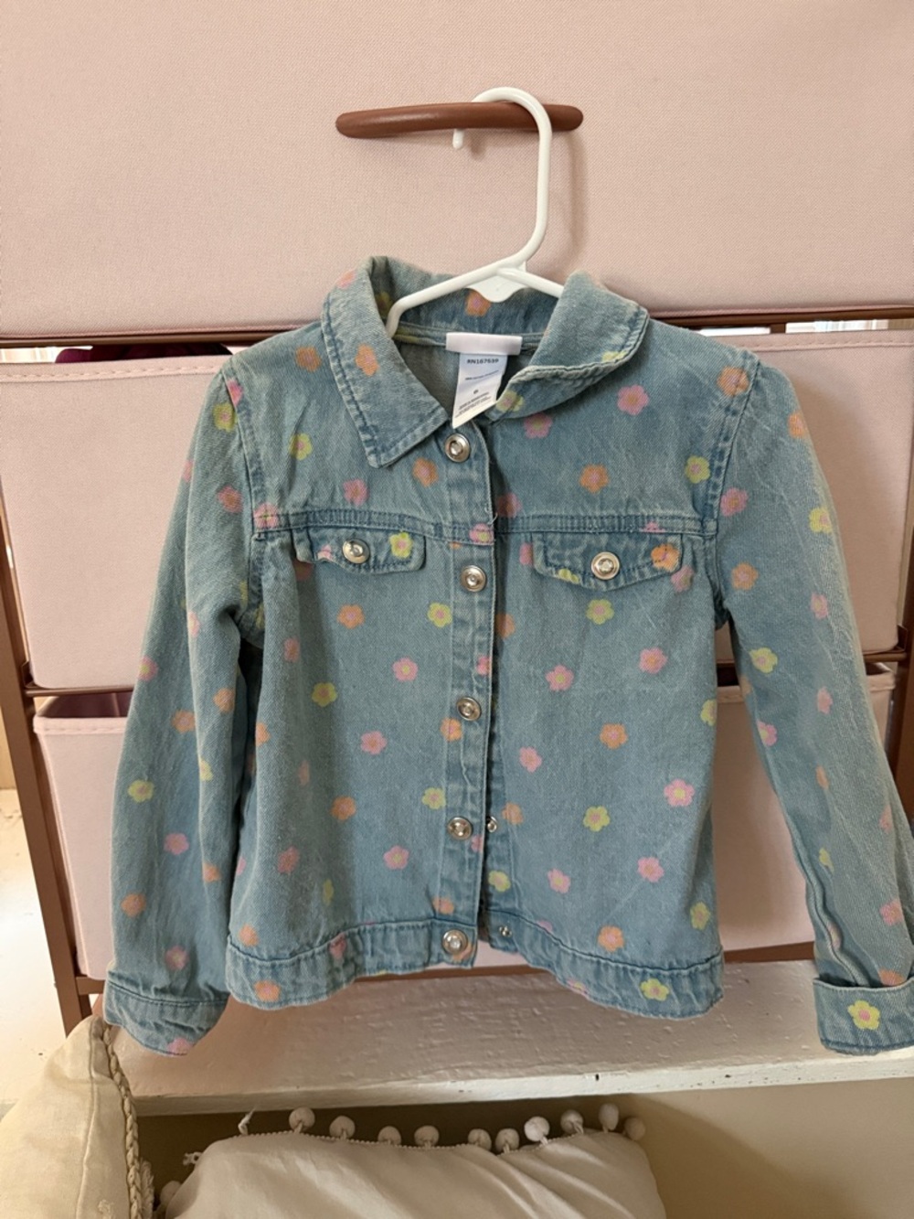 Girls' Light Blue Denim Jacket with Pastel Floral Print